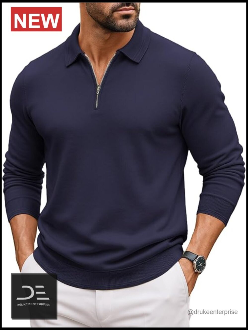 Men's Quarter Zip Polo Sweater Long Sleeve Knit Pullover Lightweight